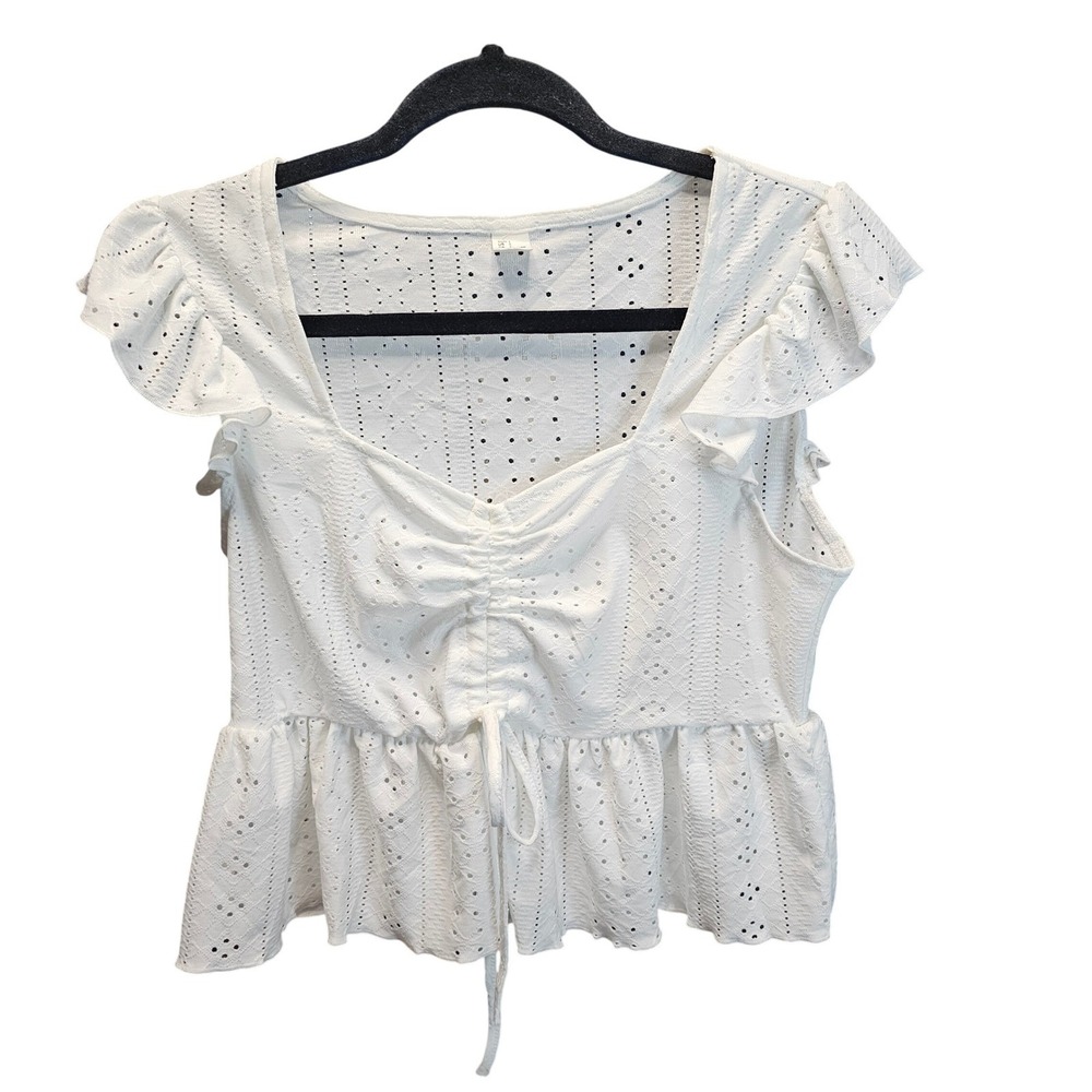 SHEIN White Eyelet Lace Peplum Top‎ Ruffle Flutter Sleeve Sweetheart Neck Large - Picture 2 of 7